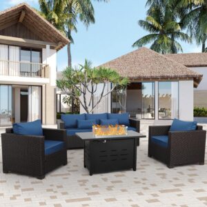 4 Piece Patio Furniture Set 45 Inches Fire Pit Table Outdoor Furniture Sets Patio Couch Outdoor Chairs 50000 BTU Propane Fire Pit with Non-Slip Cushions and Waterproof Covers, Navy Blue