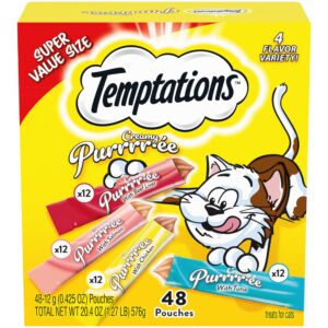 temptations creamy puree with beef liver, salmon, chicken, and tuna squeezable lickable wet cat treat variety pack, 0.42 oz. tubes, pack of 48