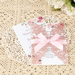 AdasBridal 50Pcs Pink Glitter Wedding Invitation Kit Laser Cut Hollow-out Personalized Wedding Invitations with Envelopes and RSVP Cards for Quinceanera Birthday Baby Shower Anniversary