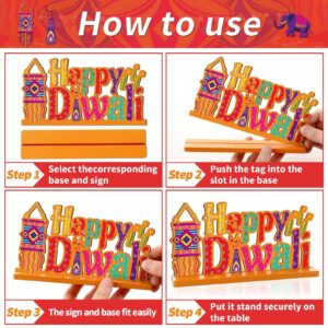 4PCS Diwali Decoration Wood Table Centerpiece for home Happy Diwali Let's Get Lit Warm Wishes Light Candle Henna Pattern Wooden Decor Happy Diwali Party Favors for Diwali Home Desktop Decorations