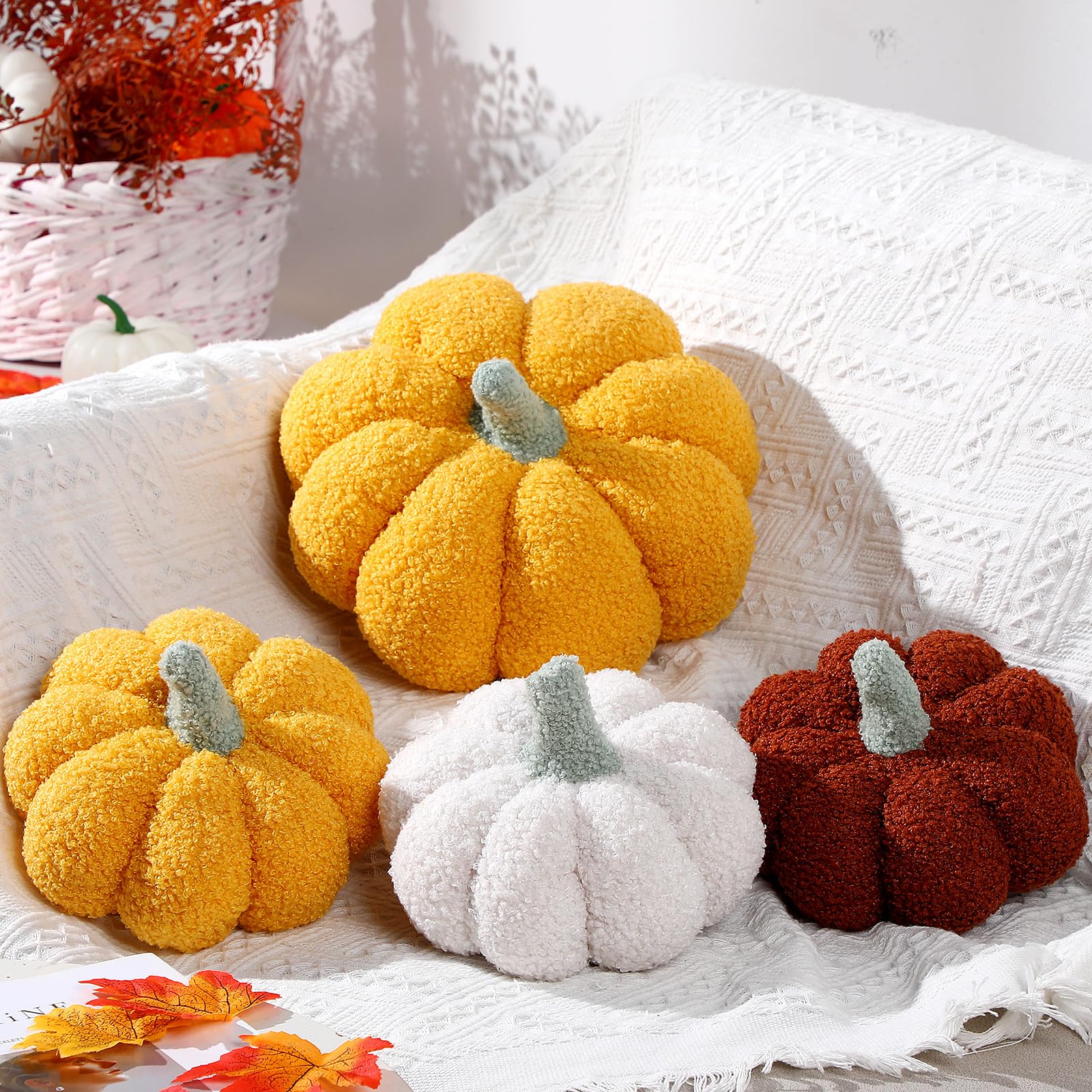 4 Pcs Pumpkin Throw Pillow Cushion 3D Thanksgiving Pillow Fall Pumpkin Pillow Fluffy Stuffed Pillow Plush Pillow for Thanksgiving Bedroom Sofa Supplies 11 Inches, 7 Inches(White, Yellow, Brown, Pink)