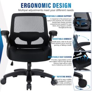 400lb Big and Tall Office Chair, Ergonomic Mesh Desk Chair with Flip Arms,Heavy Duty Home Office Desk Chair, Wide Seat Computer Chair for Heavy People, Executive Rolling Swivel Task Chair for Adults