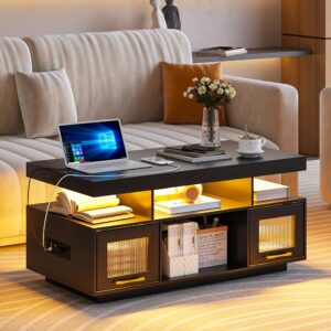 FOMNEY LED Coffee Table with Charging Station＆4 Storage Spaces, Modern Coffee Tables with Auto 3 Color Lights, Center Tea Table with Acrylic Door, Black Coffee Table for Living Room