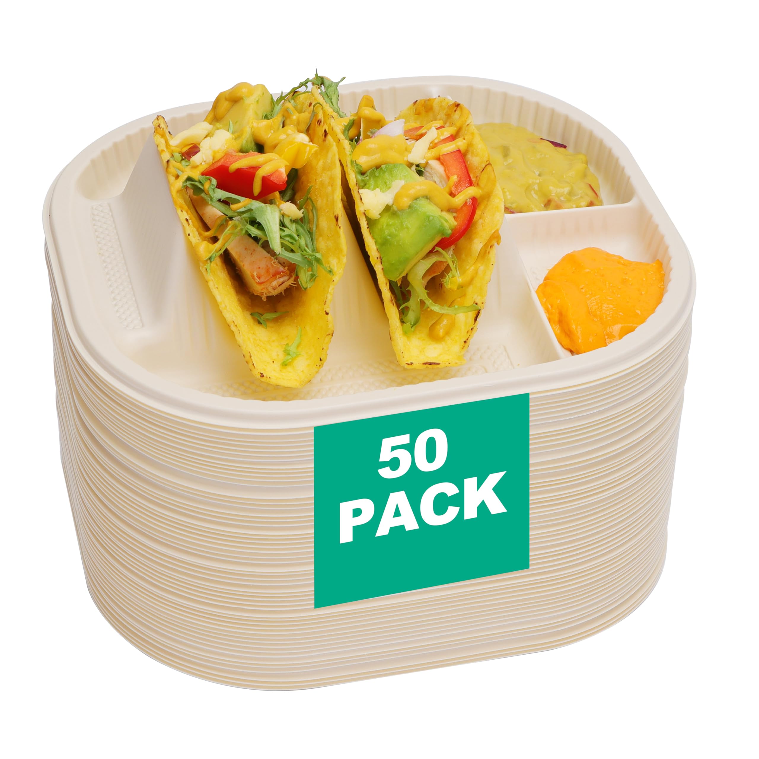 Viotiin 50 Pieces Mini Disposable Taco Plates, Biodegradable Taco Plates with 2 Dividers, Fiesta Taco Holder Plates for Soft/Hard Shell Tacos, Great for Taco Tuesday, Taco Party, Microwave Safe