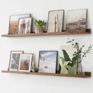 picture ledge shelf, floating shelves set of 2, 48 inches long large nursery book shelves for toys storage, kids bookshelf wall mounted for living room bedroom decor books photo frames, walnut