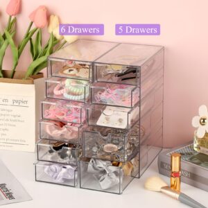 Hipiwe 5-Drawers Plastic Storage Organizer, Clear Hair Accessories Organizer with Large Capacity for Bathroom, Dresser, Cosmetic Hair Tie Container for Girls Women