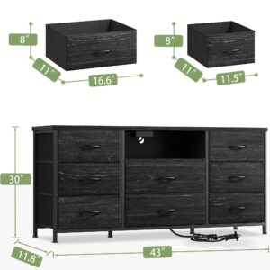 EnHomee Black Dresser with Power Outlets, 8 Drawers Dresser TV Stand for 55''TV for Bedroom Dresser Fabric Dressers & Chest of Drawers, Sturdy Dresser for Closet Living Room,Hallway