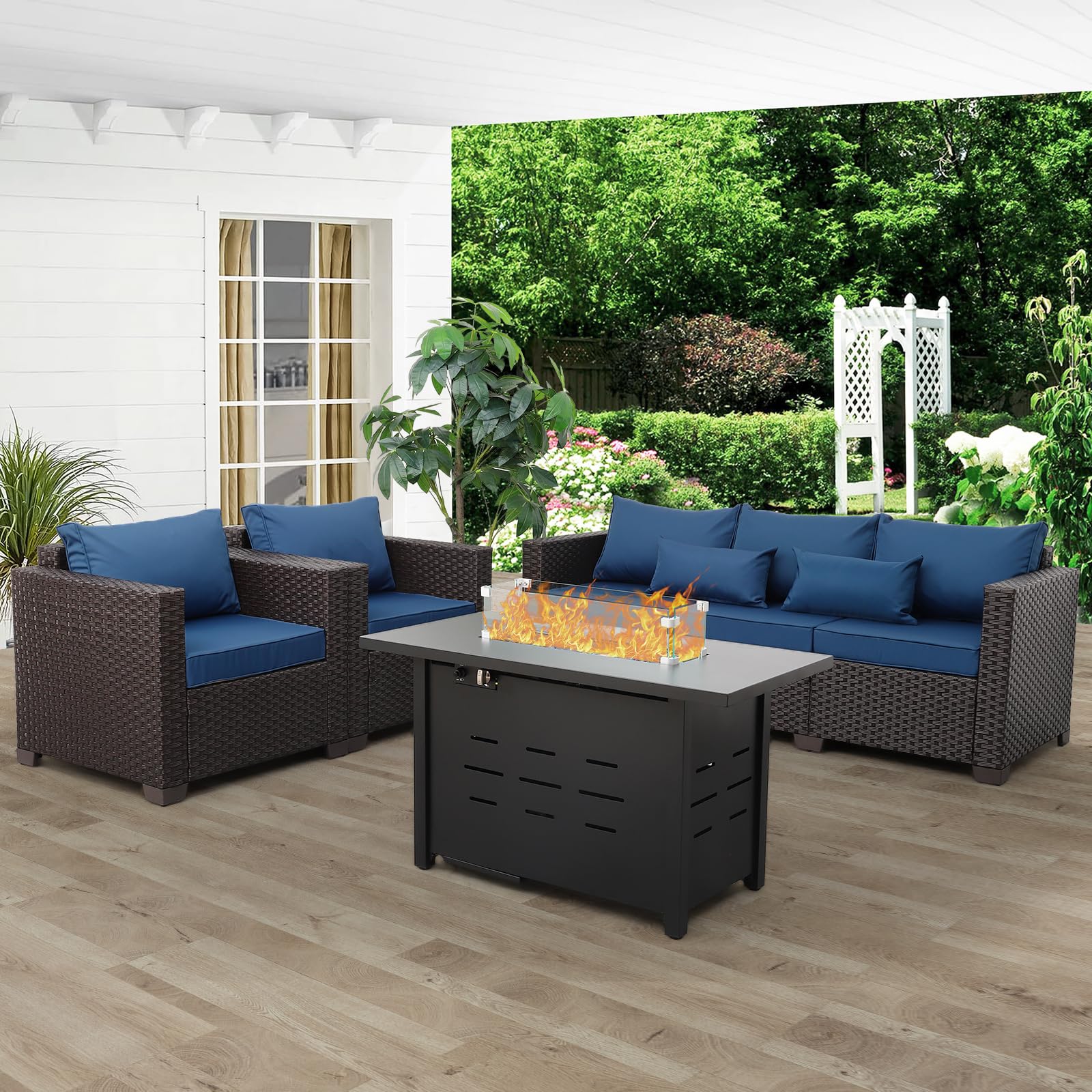 4 Piece Patio Furniture Set 45 Inches Fire Pit Table Outdoor Furniture Sets Patio Couch Outdoor Chairs 50000 BTU Propane Fire Pit with Non-Slip Cushions and Waterproof Covers, Navy Blue