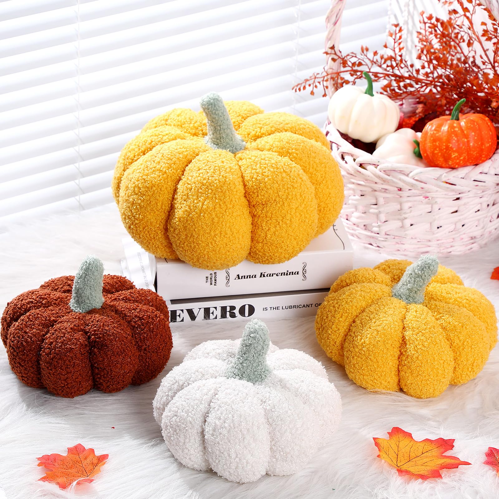 4 Pcs Pumpkin Throw Pillow Cushion 3D Thanksgiving Pillow Fall Pumpkin Pillow Fluffy Stuffed Pillow Plush Pillow for Thanksgiving Bedroom Sofa Supplies 11 Inches, 7 Inches(White, Yellow, Brown, Pink)