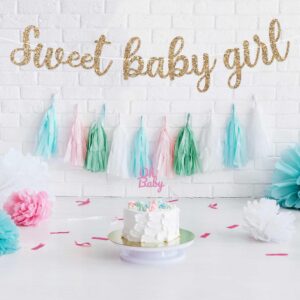 Pre-Strung Sweet Baby Girl Banner - NO DIY - Gold Glitter Baby Shower Gender Reveal Party Banner For Girl - Pre-Strung Garland on 8 ft Strand - Baby Shower Party Decorations. Did we mention no DIY?