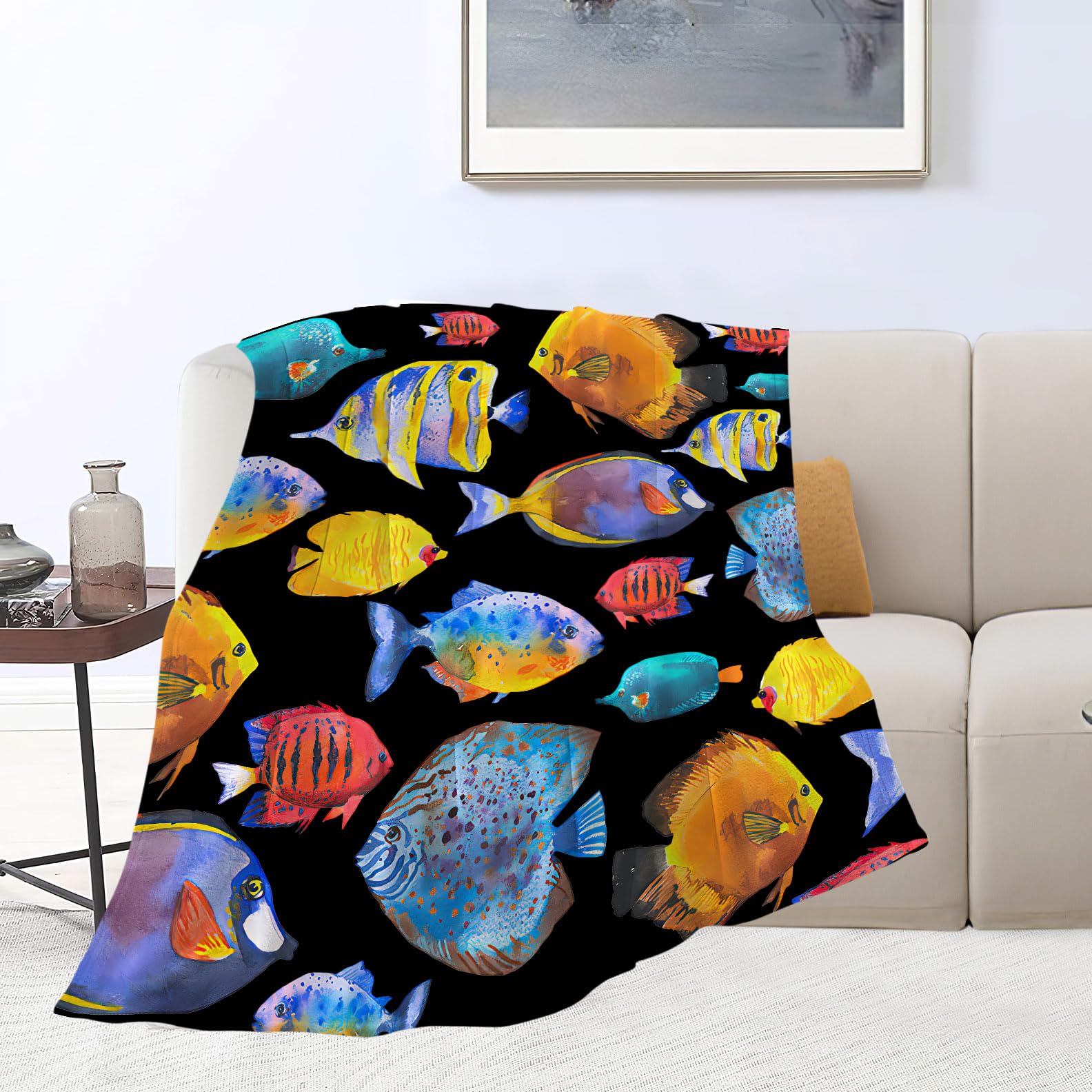 Tropical Fish Blanket Super Soft Warm Fluffy Flannel Colorful Fish Throw Blanket Cozy Fuzzy Plush Fishing Bedding Blanket Gift for Boys Girls Kids Teens Adults Couch Sofa 50"x40"