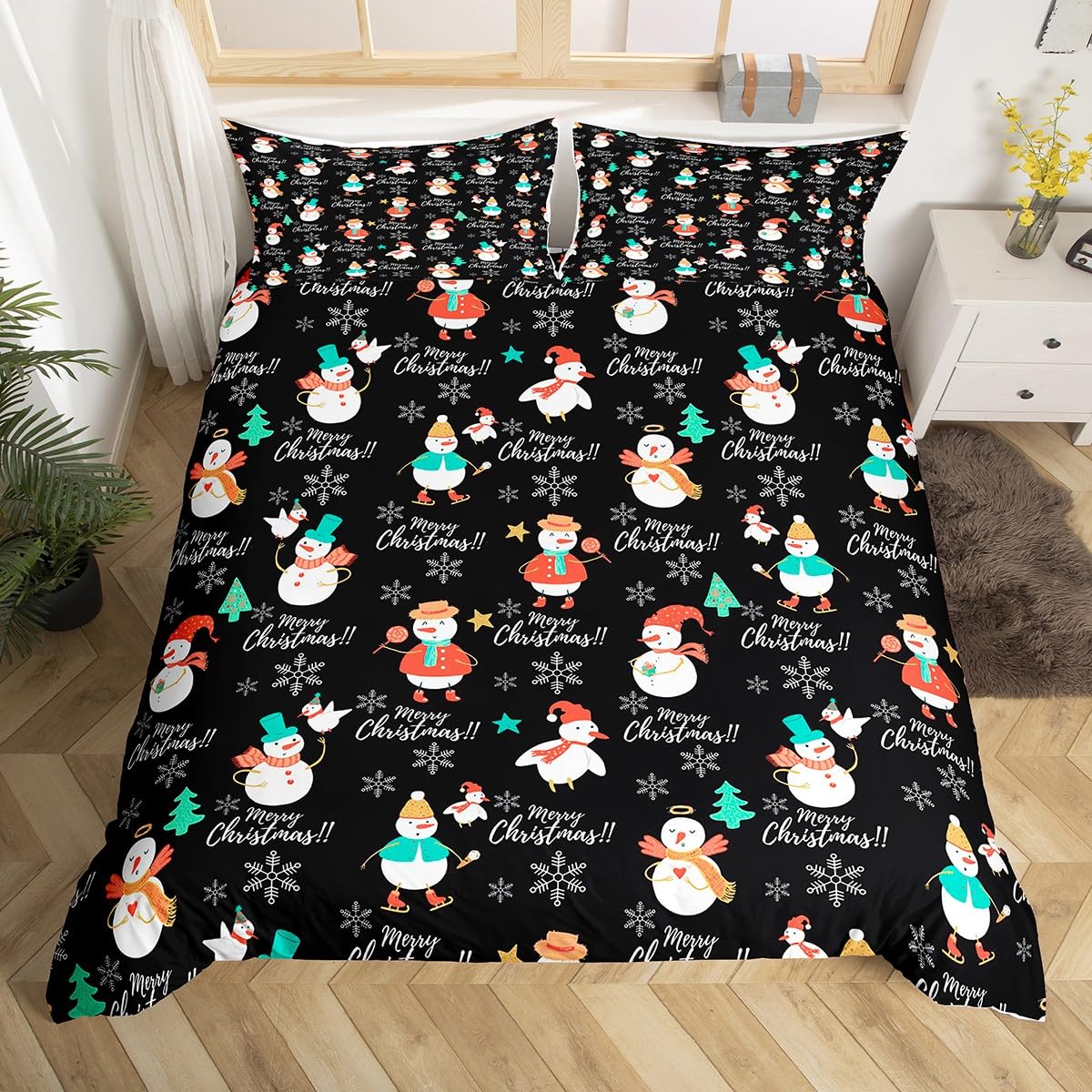 Feelyou Merry Christmas Tree and Snowman Bedding Set for Kids Boys Girls Snowflake Comforter Cover Set Queen Size Merry Christmas Duvet Cover Bedroom Decor Bedspread Cover Bedding Collection 3Pcs