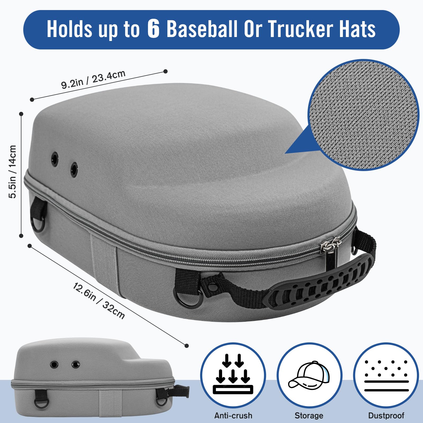 Livememory Hat Travel Case - Hard Hat Case for Baseball Caps Hat Carrier Case Rack for Travel & Home Storage - Protects up to 6 Hats - Light Grey