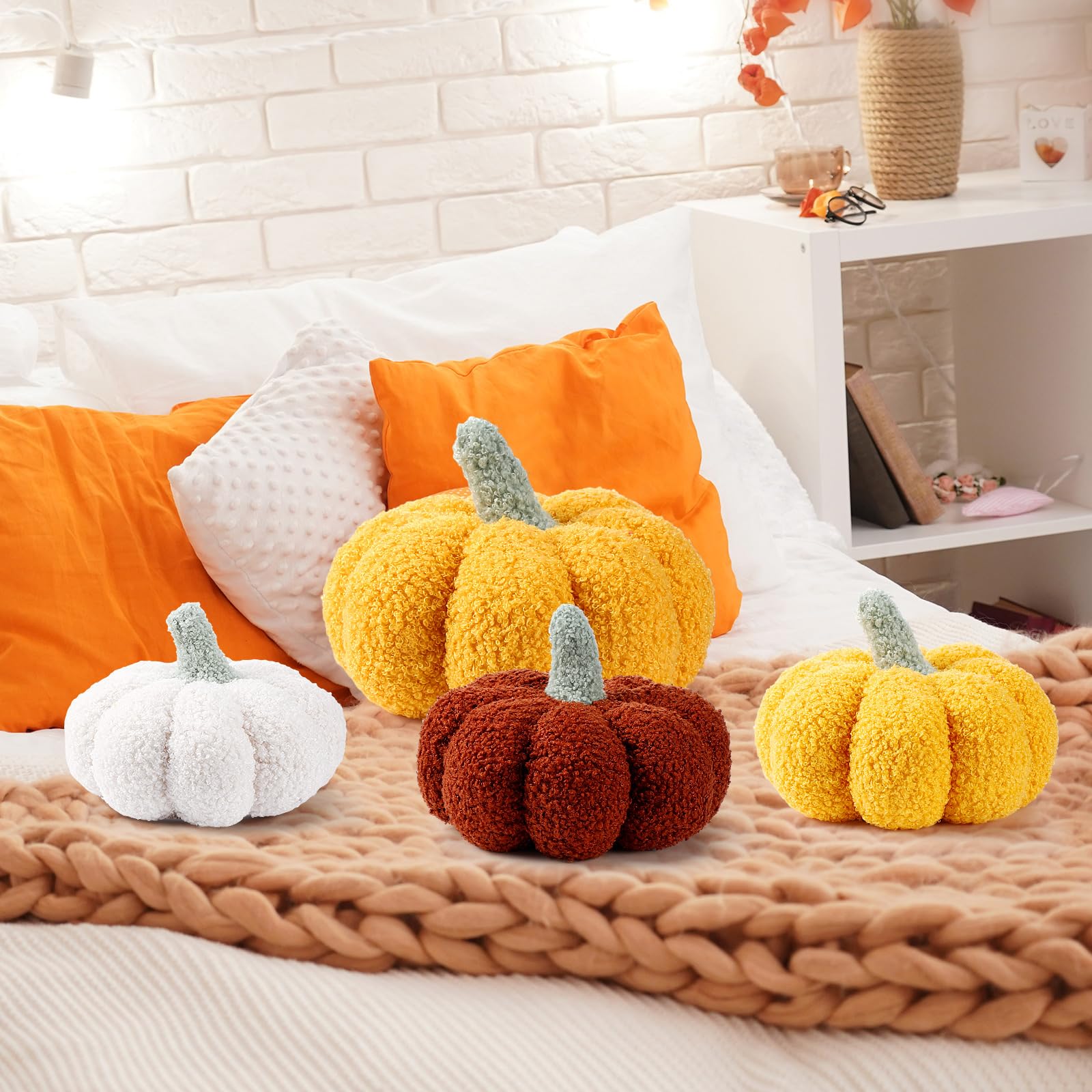 4 Pcs Pumpkin Throw Pillow Cushion 3D Thanksgiving Pillow Fall Pumpkin Pillow Fluffy Stuffed Pillow Plush Pillow for Thanksgiving Bedroom Sofa Supplies 11 Inches, 7 Inches(White, Yellow, Brown, Pink)