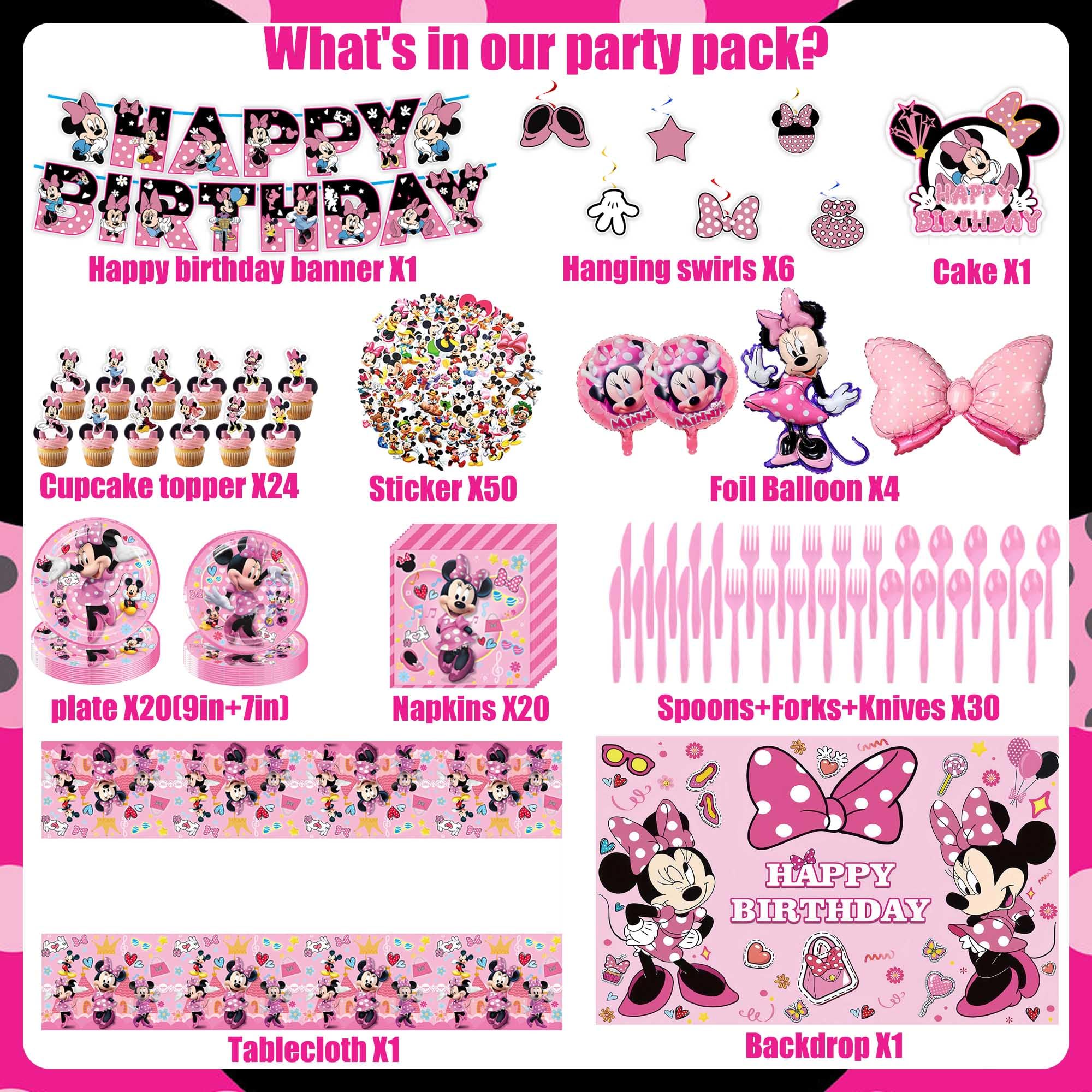 Mouse Birthday Party Supplies, Mouse Party Decorations, Pink Mouse Birthday Decorations Includes Happy Birthday Banner, Balloons, Stickers, Backdrop, Pink Tableware, Hanging Swirls