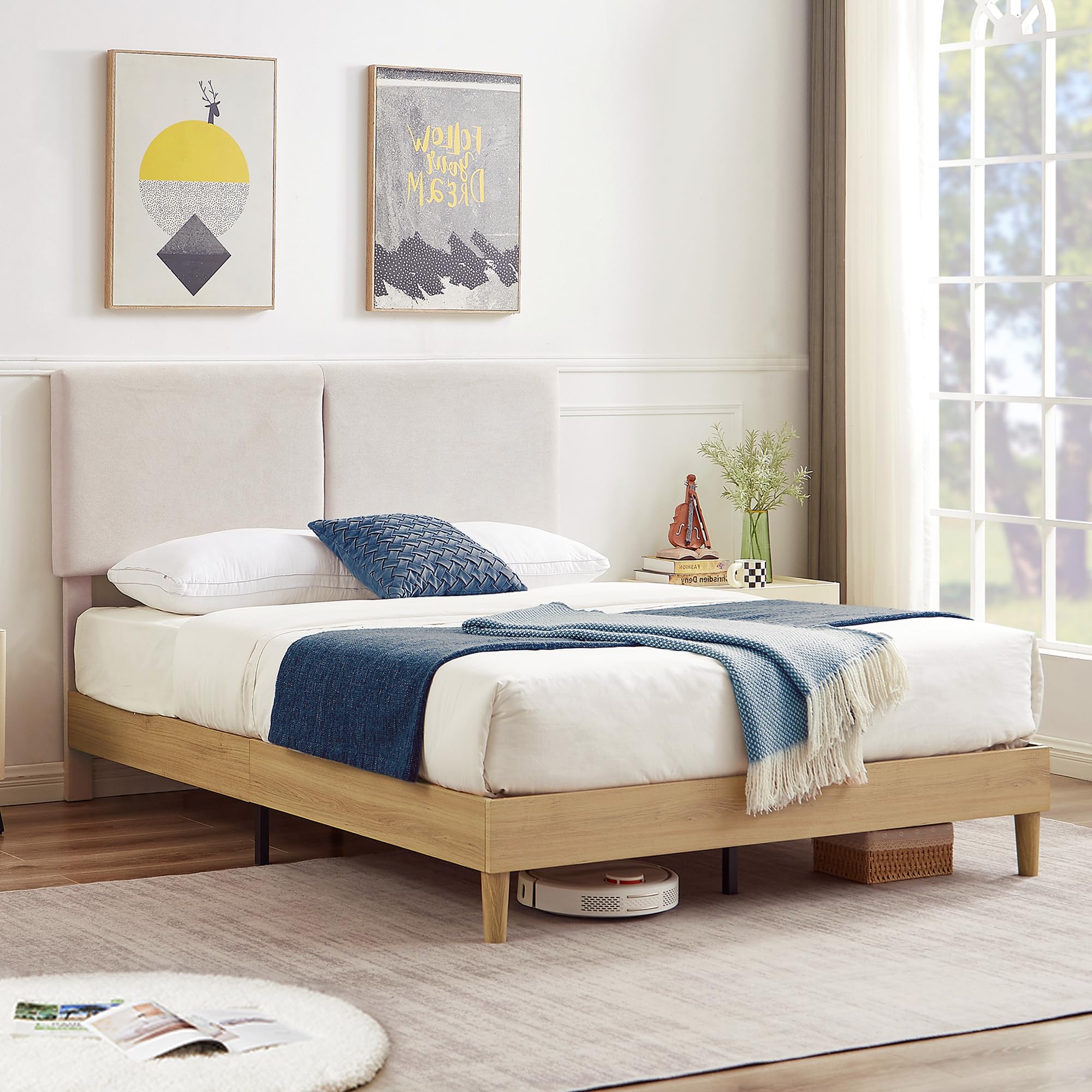 VECELO Queen Bed Frame Upholstered Platform Beds with Height-Adjustable Cotton and Linen Headboard, Heavy Duty Wood Slats, 6" Under-Bed Space, Noise-Free, No Box Spring Needed,Easy Assembly