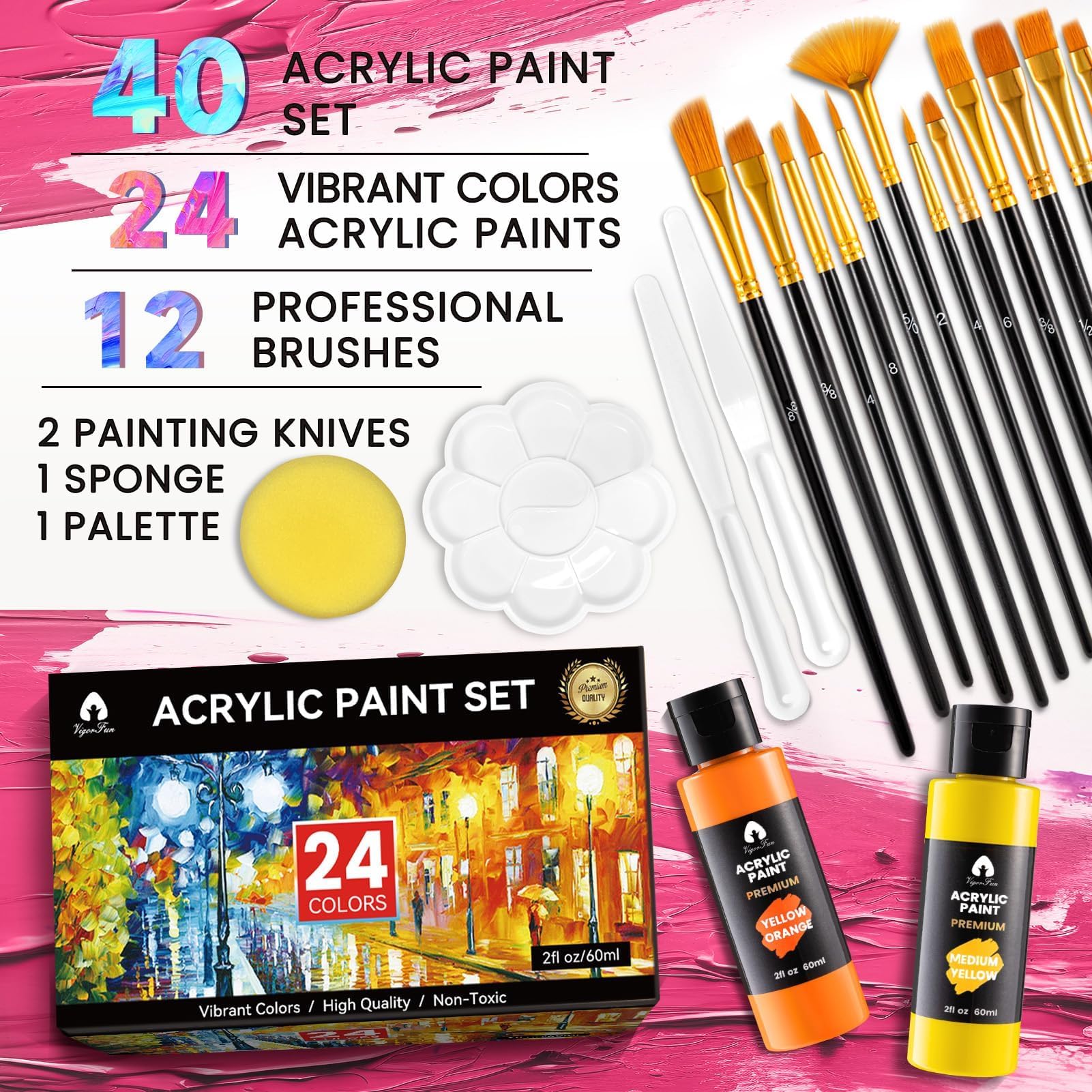 40 PCS Acrylic Paint Set with 12 Brushes, 2 Knives and Palette, 24 Colors (2oz/60ml) Art Craft Paints Gifts for Adults Kids Artists Beginners, Halloween Pumpkin Painting Kit Art Supplies