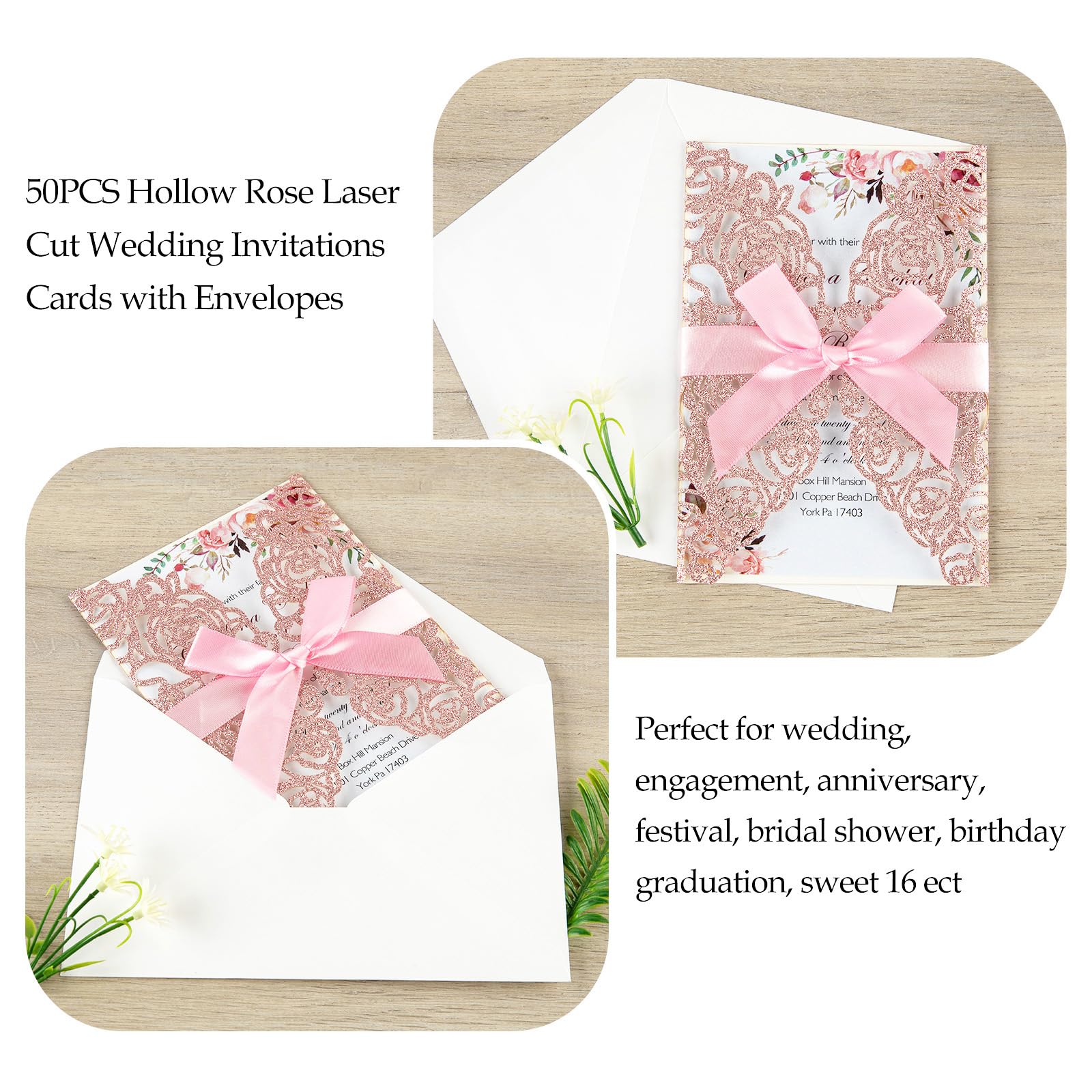 AdasBridal 50Pcs Pink Glitter Wedding Invitation Kit Laser Cut Hollow-out Personalized Wedding Invitations with Envelopes and RSVP Cards for Quinceanera Birthday Baby Shower Anniversary