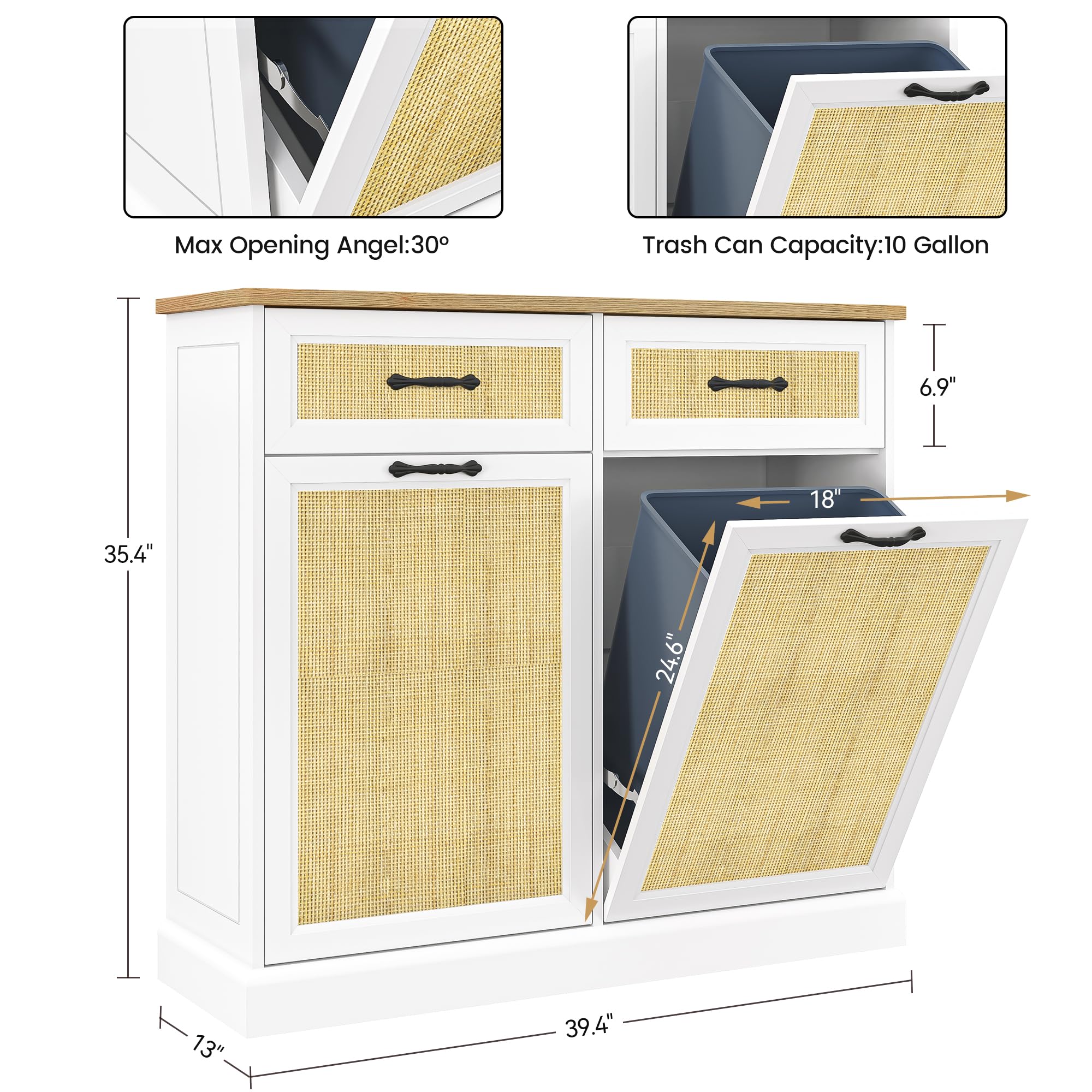 IDEALHOUSE Double Tilt Out Trash Cabinet with Natural Rattan, Hidden Trash Can Cabinet 10 Gallon Storage Holder, Freestanding Garbage Bin Cabinet for Kitchen Dining Living Room