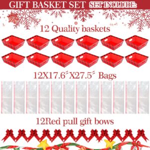 Kolewo4ever 36Pcs 12 Pack Christmas Basket Gift Set 8x10'' Gifts Baskets for Gifts Empty to Fill with Basket Empty, Basket Bags, Red Pull Bows for Christmas Holiday (Red and Black Plaid)