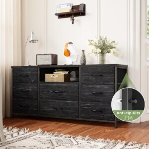 EnHomee Black Dresser with Power Outlets, 8 Drawers Dresser TV Stand for 55''TV for Bedroom Dresser Fabric Dressers & Chest of Drawers, Sturdy Dresser for Closet Living Room,Hallway