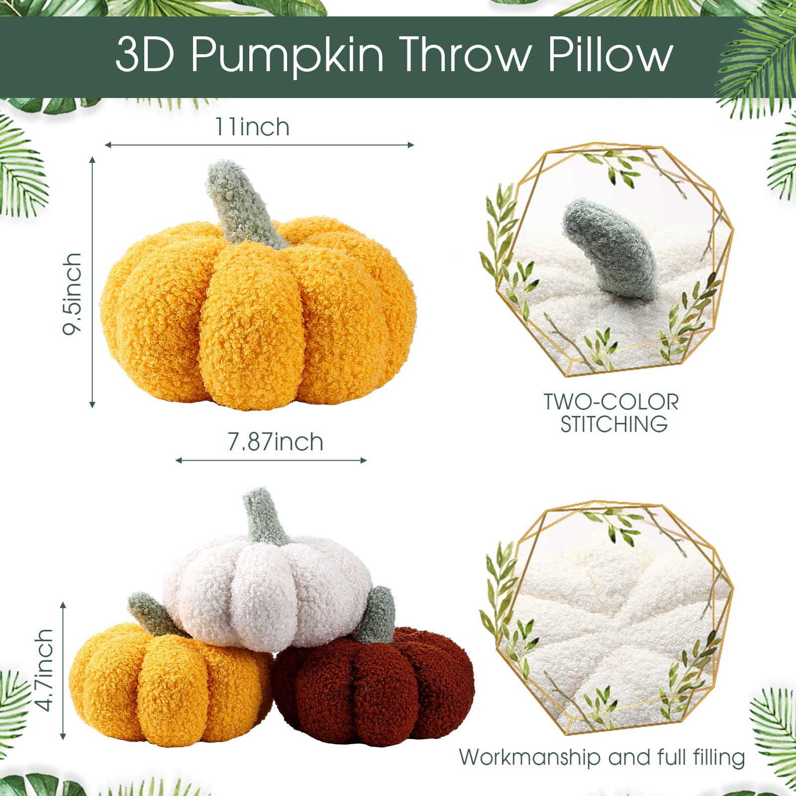 4 Pcs Pumpkin Throw Pillow Cushion 3D Thanksgiving Pillow Fall Pumpkin Pillow Fluffy Stuffed Pillow Plush Pillow for Thanksgiving Bedroom Sofa Supplies 11 Inches, 7 Inches(White, Yellow, Brown, Pink)