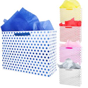 moretoes 5 pack large gift bags with tissue paper 16" foil dot paper gift bags for valentine's day, birthday, wedding, holiday (gold, rose gold, blue, red, grey metallic dots)