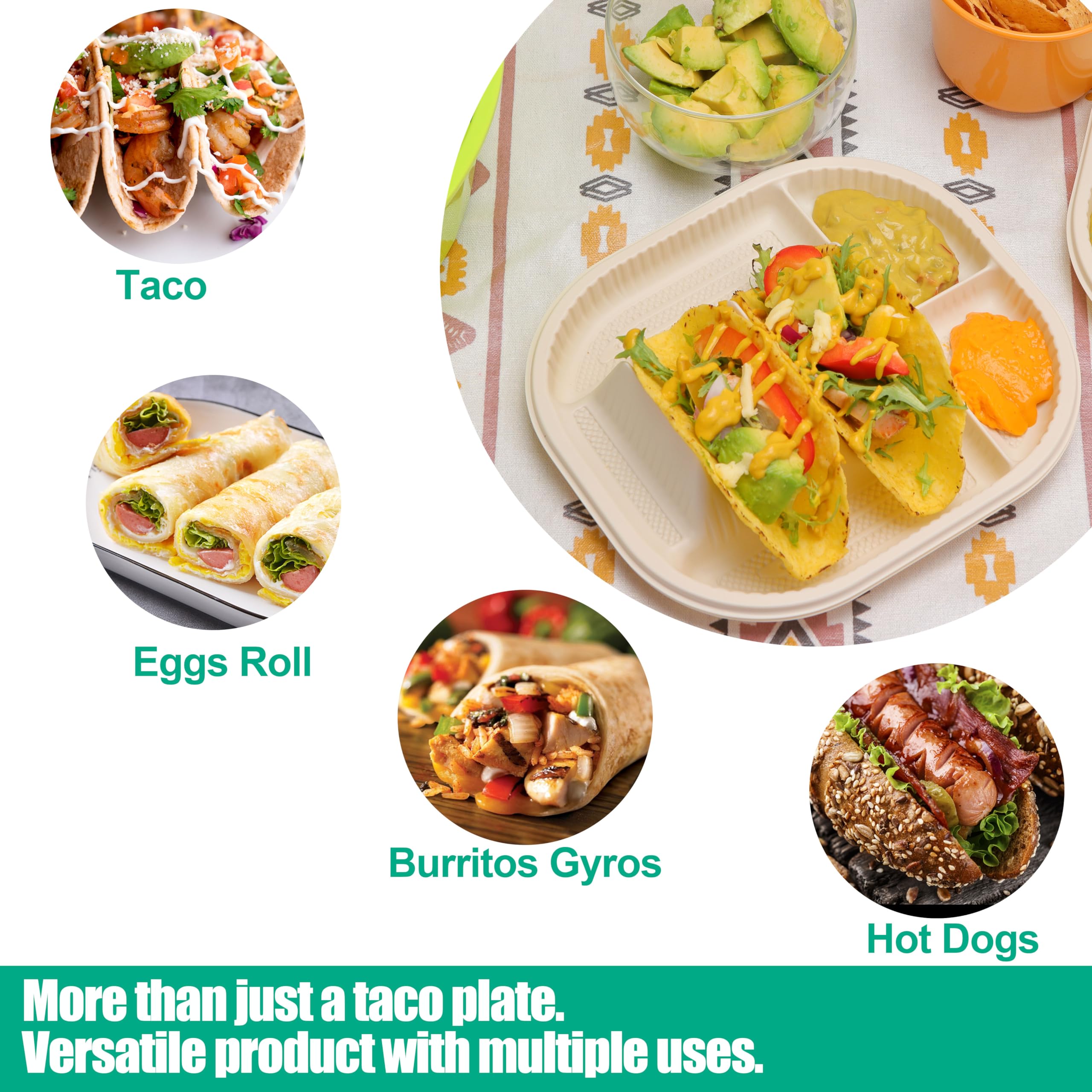 Viotiin 50 Pieces Mini Disposable Taco Plates, Biodegradable Taco Plates with 2 Dividers, Fiesta Taco Holder Plates for Soft/Hard Shell Tacos, Great for Taco Tuesday, Taco Party, Microwave Safe