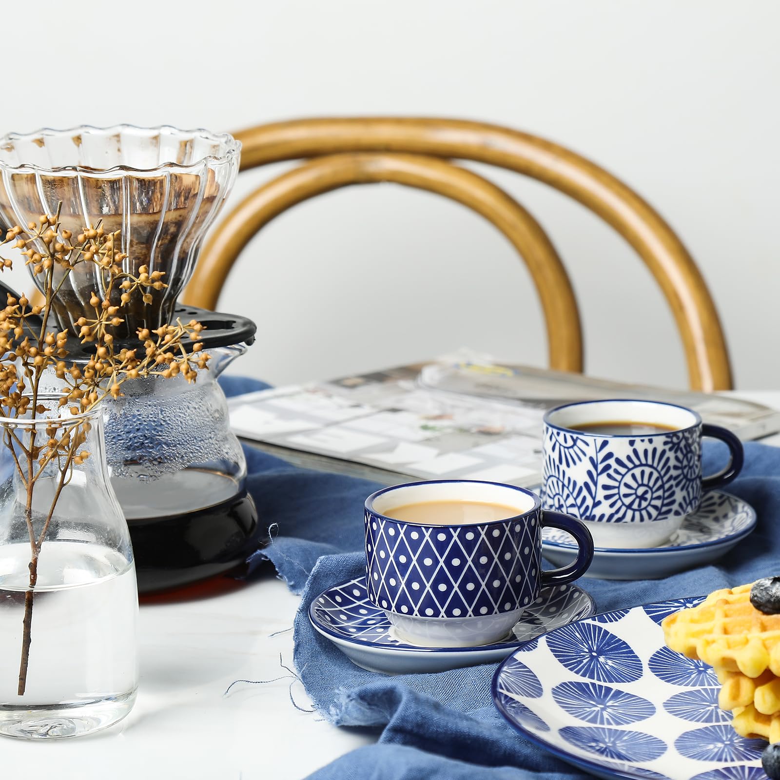 Selamica Ceramic Espresso Cups with Saucers and Metal Stand, 2.5 OZ Stackable Demitasse Cups for Espresso Latte Café Mocha Tea, Set of 4, Vintage Blue