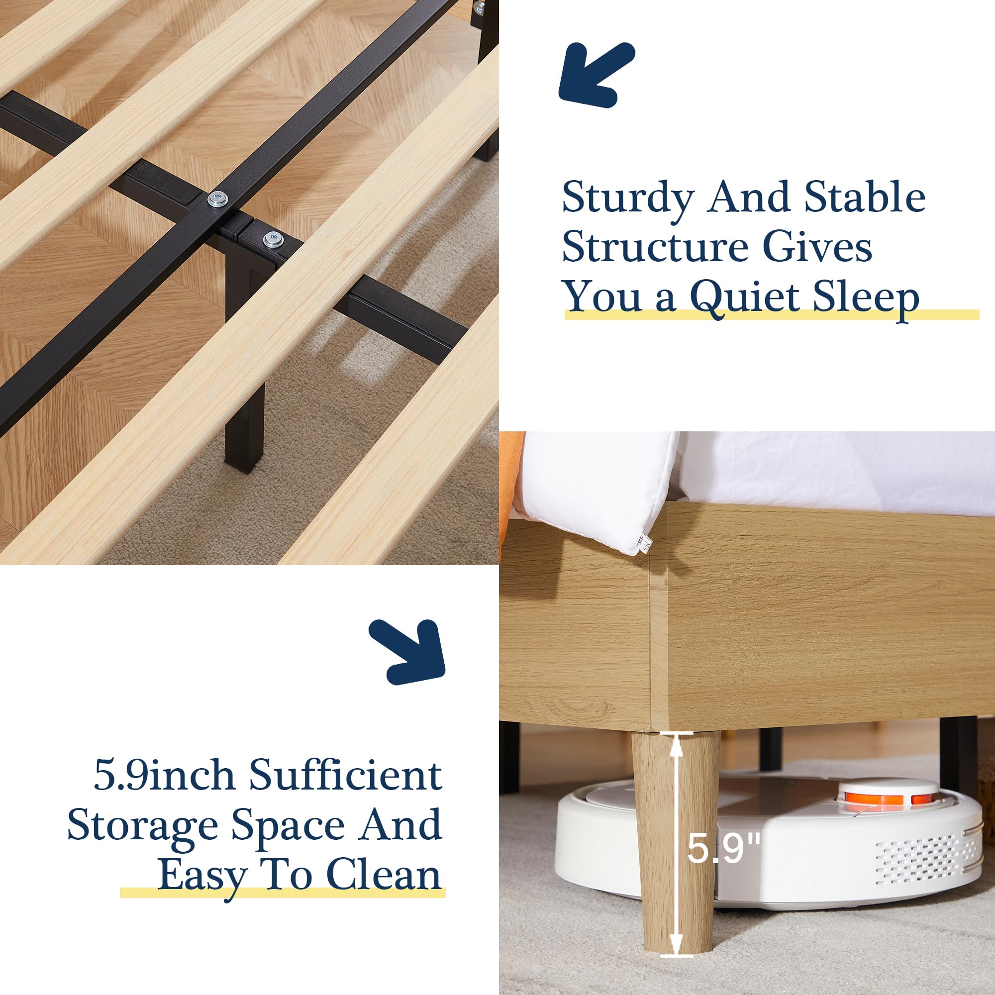 VECELO Queen Bed Frame Upholstered Platform Beds with Height-Adjustable Cotton and Linen Headboard, Heavy Duty Wood Slats, 6" Under-Bed Space, Noise-Free, No Box Spring Needed,Easy Assembly