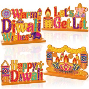 4pcs diwali decoration wood table centerpiece for home happy diwali let's get lit warm wishes light candle henna pattern wooden decor happy diwali party favors for diwali home desktop decorations