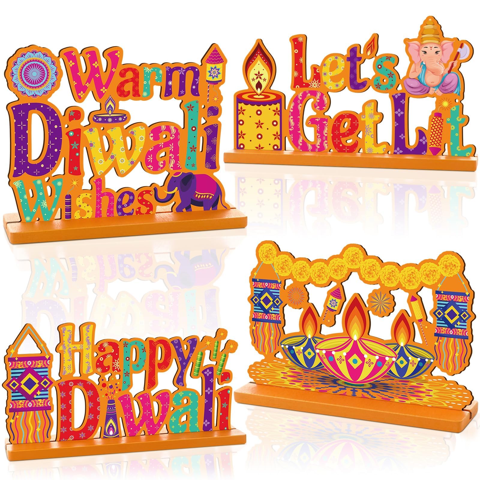 4PCS Diwali Decoration Wood Table Centerpiece for home Happy Diwali Let's Get Lit Warm Wishes Light Candle Henna Pattern Wooden Decor Happy Diwali Party Favors for Diwali Home Desktop Decorations