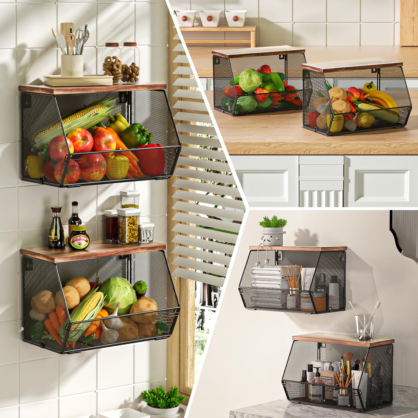 Stackable Fruit Basket for Kitchen Countertop Space Saving, Wall Mounted Mesh Metal Wire Baskets with Wood Lid Extra Storage, 2 Pack Kitchen Counter Organizer for Snack, Onion and Potato Storage