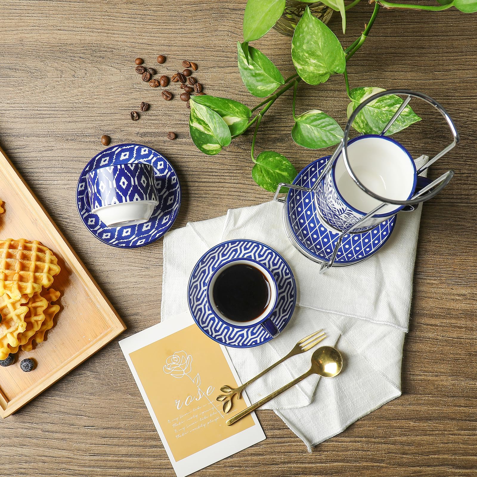 Selamica Ceramic Espresso Cups with Saucers and Metal Stand, 2.5 OZ Stackable Demitasse Cups for Espresso Latte Café Mocha Tea, Set of 4, Vintage Blue