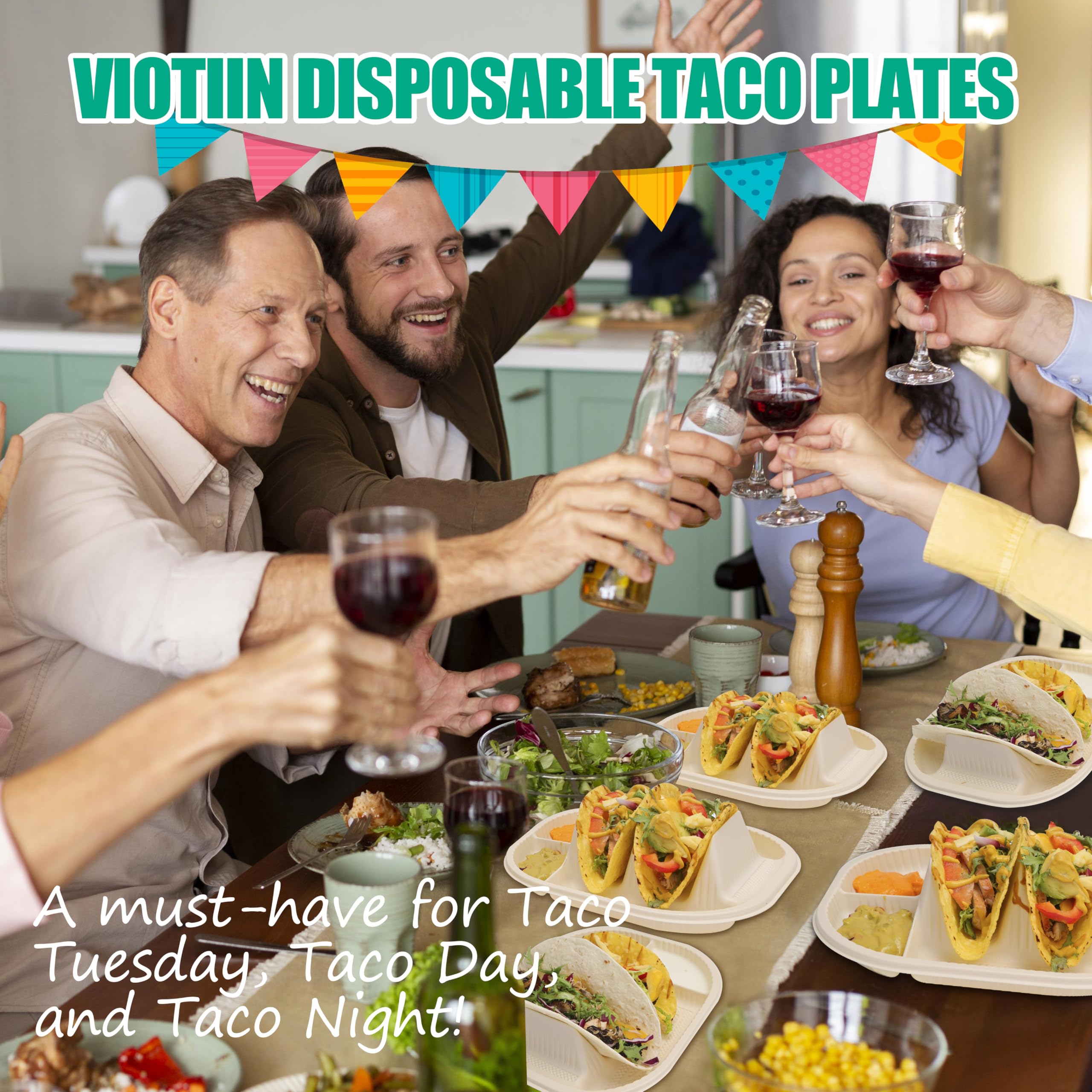 Viotiin 50 Pieces Mini Disposable Taco Plates, Biodegradable Taco Plates with 2 Dividers, Fiesta Taco Holder Plates for Soft/Hard Shell Tacos, Great for Taco Tuesday, Taco Party, Microwave Safe