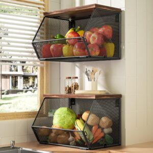 stackable fruit basket for kitchen countertop space saving, wall mounted mesh metal wire baskets with wood lid extra storage, 2 pack kitchen counter organizer for snack, onion and potato storage