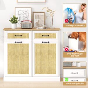 IDEALHOUSE Double Tilt Out Trash Cabinet with Natural Rattan, Hidden Trash Can Cabinet 10 Gallon Storage Holder, Freestanding Garbage Bin Cabinet for Kitchen Dining Living Room