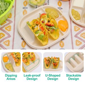 Viotiin 50 Pieces Mini Disposable Taco Plates, Biodegradable Taco Plates with 2 Dividers, Fiesta Taco Holder Plates for Soft/Hard Shell Tacos, Great for Taco Tuesday, Taco Party, Microwave Safe