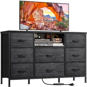 enhomee black dresser with power outlets, 8 drawers dresser tv stand for 55''tv for bedroom dresser fabric dressers & chest of drawers, sturdy dresser for closet living room,hallway