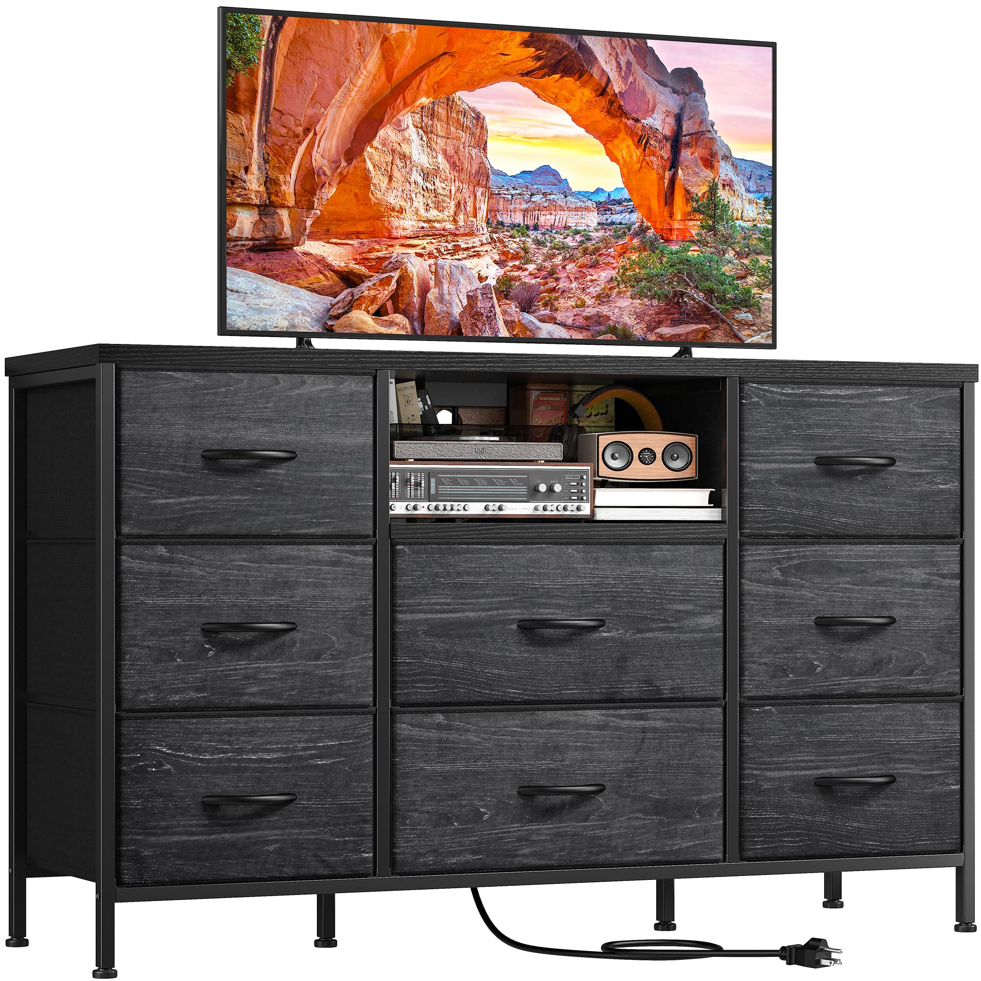 EnHomee Black Dresser with Power Outlets, 8 Drawers Dresser TV Stand for 55''TV for Bedroom Dresser Fabric Dressers & Chest of Drawers, Sturdy Dresser for Closet Living Room,Hallway