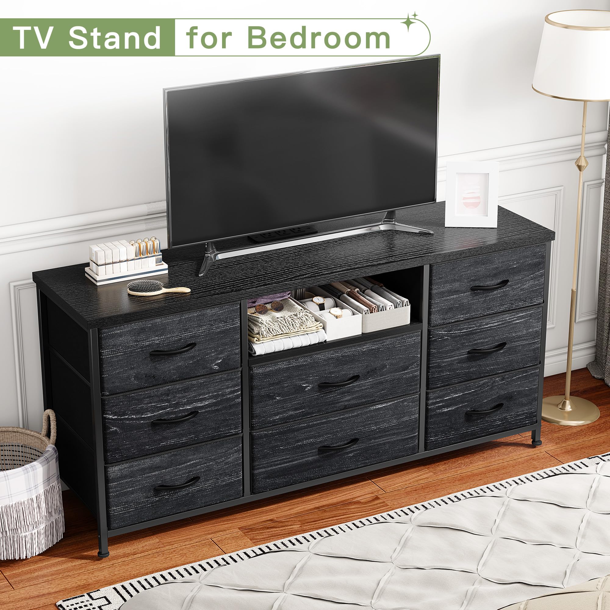 EnHomee Black Dresser with Power Outlets, 8 Drawers Dresser TV Stand for 55''TV for Bedroom Dresser Fabric Dressers & Chest of Drawers, Sturdy Dresser for Closet Living Room,Hallway