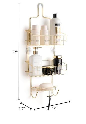 SIMPLI COZY Large Iron Gold Shower Caddy – No Drilling Required – Two-Tier Storage – Razor & Loofah Holders – Ideal for Modern & Clean Aesthetic Decor 4.5" D x 12" W x 27" H