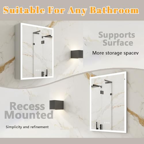 Elephmirr Vanity Mirror Bathroom Storage Medicine Cabinet with Lights Anti Fog,20x26 Inch,Recessed Smart led Small Mirrors Wall Metal Magnifier﹐with Left Doors Eectrical Outlet USB,Surface Mount