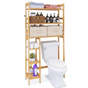 smibuy over the toilet storage, bamboo 6-tier bathroom storage shelf with drawers, freestanding above toilet organizer rack, mass-storage, space saver for small room (natural)