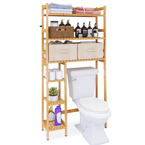 SMIBUY Over The Toilet Storage, Bamboo 6-Tier Bathroom Storage Shelf with Drawers, Freestanding Above Toilet Organizer Rack, Mass-Storage, Space Saver for Small Room (Natural)