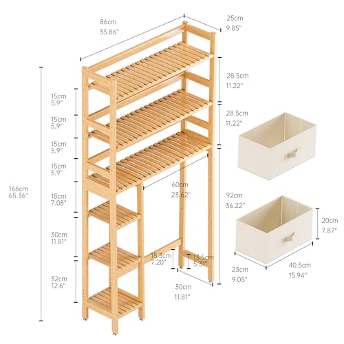 SMIBUY Over The Toilet Storage, Bamboo 6-Tier Bathroom Storage Shelf with Drawers, Freestanding Above Toilet Organizer Rack, Mass-Storage, Space Saver for Small Room (Natural)