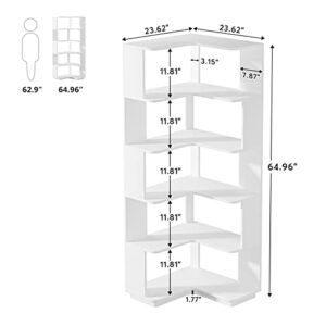 LITTLE TREE Corner Bookshelf, 64.9 Inch Tall Bookcase with Anti-Drop Panel, Modern Freestanding Corner Shelf Display Rack Storage Organizer for Home Office, Living Room, White