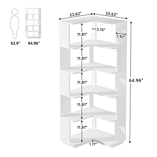 LITTLE TREE Corner Bookshelf, 64.9 Inch Tall Bookcase with Anti-Drop Panel, Modern Freestanding Corner Shelf Display Rack Storage Organizer for Home Office, Living Room, White