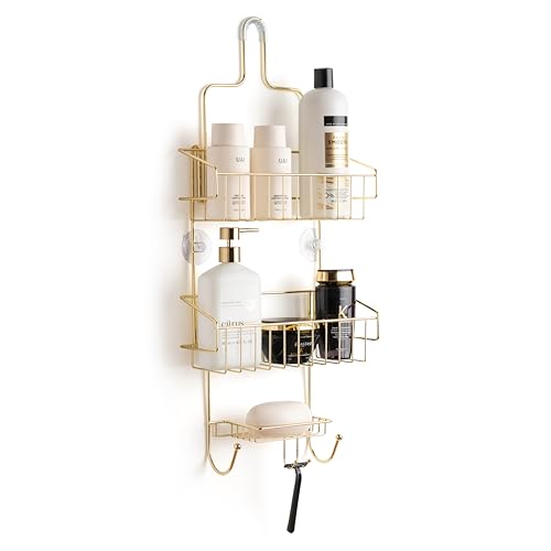 SIMPLI COZY Large Iron Gold Shower Caddy – No Drilling Required – Two-Tier Storage – Razor & Loofah Holders – Ideal for Modern & Clean Aesthetic Decor 4.5" D x 12" W x 27" H