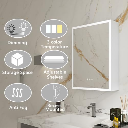 Elephmirr Vanity Mirror Bathroom Storage Medicine Cabinet with Lights Anti Fog,20x26 Inch,Recessed Smart led Small Mirrors Wall Metal Magnifier﹐with Left Doors Eectrical Outlet USB,Surface Mount